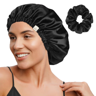 YANIBEST Reversible Satin Bonnet with Scrunchie Sleepwear| Black Black