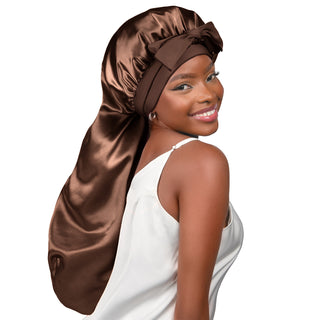 Long Tail Satin Bonnet wiht Tie Band| Brown