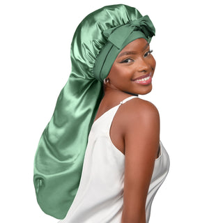 Long Tail Satin Bonnet wiht Tie Band| Sage Green