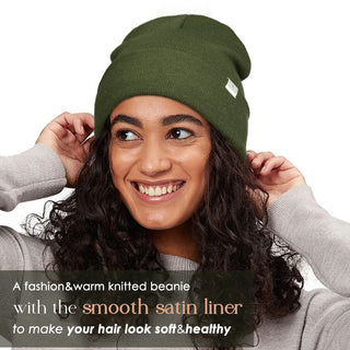 Satin Lined Winter Beanie Hat| Black，Green