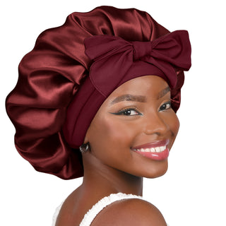 Double Layer Satin Bonnet with Tie Band Sleepwear|  Burgundy Red