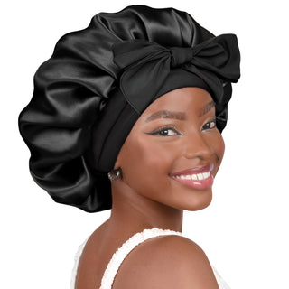 Double Layer Satin Bonnet with Tie Band Sleepwear| Black Black