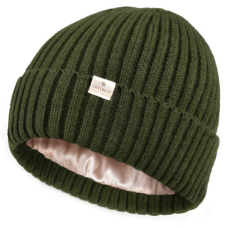 Satin Lined Winter Beanie Hat| Navy Green