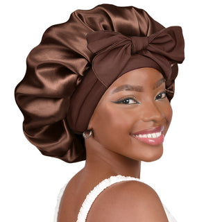 Double Layer Satin Bonnet with Tie Band Sleepwear| Brown