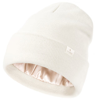 Satin Lined Winter Beanie Hat| Cream White