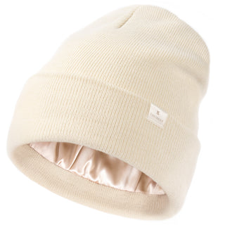 Satin Lined Winter Beanie Hat| Cream Beige