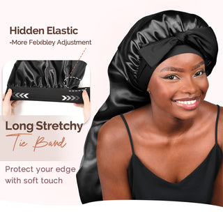 Long Tail Satin Bonnet wiht Tie Band| Black