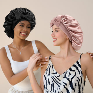 Double Layer Satin Bonnet with Tie Band Sleepwear| Black Black