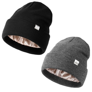 Satin Lined Winter Beanie Hat| Black，Gray