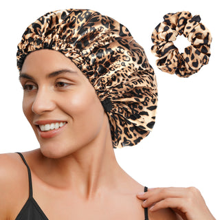 Reversible Satin Bonnet with Scrunchie| Leopard