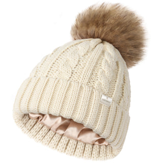 Satin Lined Winter Pom Beanie| Cream Beige