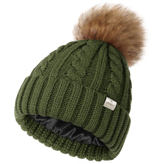 Satin Lined Winter Pom Beanie| Forest Green