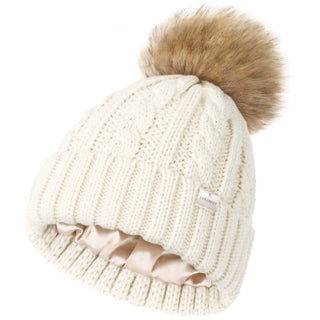 Satin Lined Winter Pom Beanie| Cream White