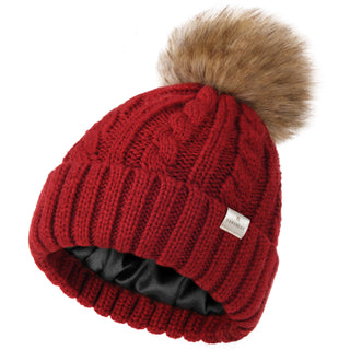 Satin Lined Winter Pom Beanie| Wine Red