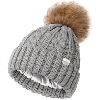 Satin Lined Winter Pom Beanie| Foggy Gray