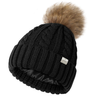 Satin Lined Winter Pom Beanie| Black Black