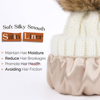 Satin Lined Winter Pom Beanie| Cream White