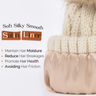 Satin Lined Winter Pom Beanie| Cream Beige