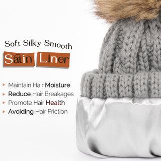 Satin Lined Winter Pom Beanie| Foggy Gray