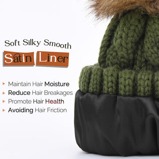 Satin Lined Winter Pom Beanie| Forest Green