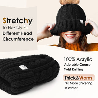 Satin Lined Winter Pom Beanie| Black Black