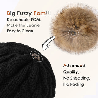 Satin Lined Winter Pom Beanie| Black Black