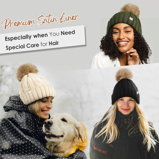 Satin Lined Winter Pom Beanie| Cream White