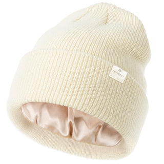 Satin Lined Cuffed Beanie Hat Unisex| Cream Beige