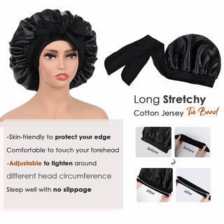 Double Layer Satin Bonnet with Tie Band Sleepwear| Black Black