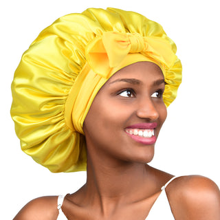 Double Layer Satin Bonnet with Tie Band| Cream Yellow