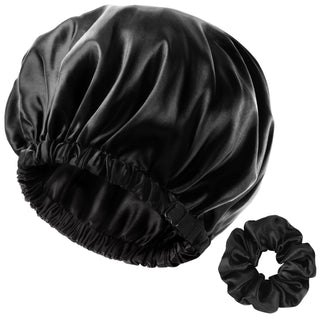 YANIBEST Reversible Satin Bonnet with Scrunchie Sleepwear| Black Black